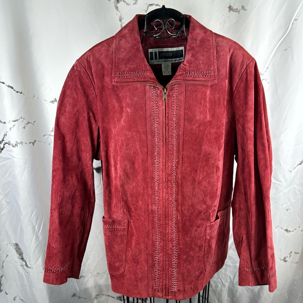 Jessica London Vintage Suede Jacket Zip-Up Weave Pattern Placket and Back Lined